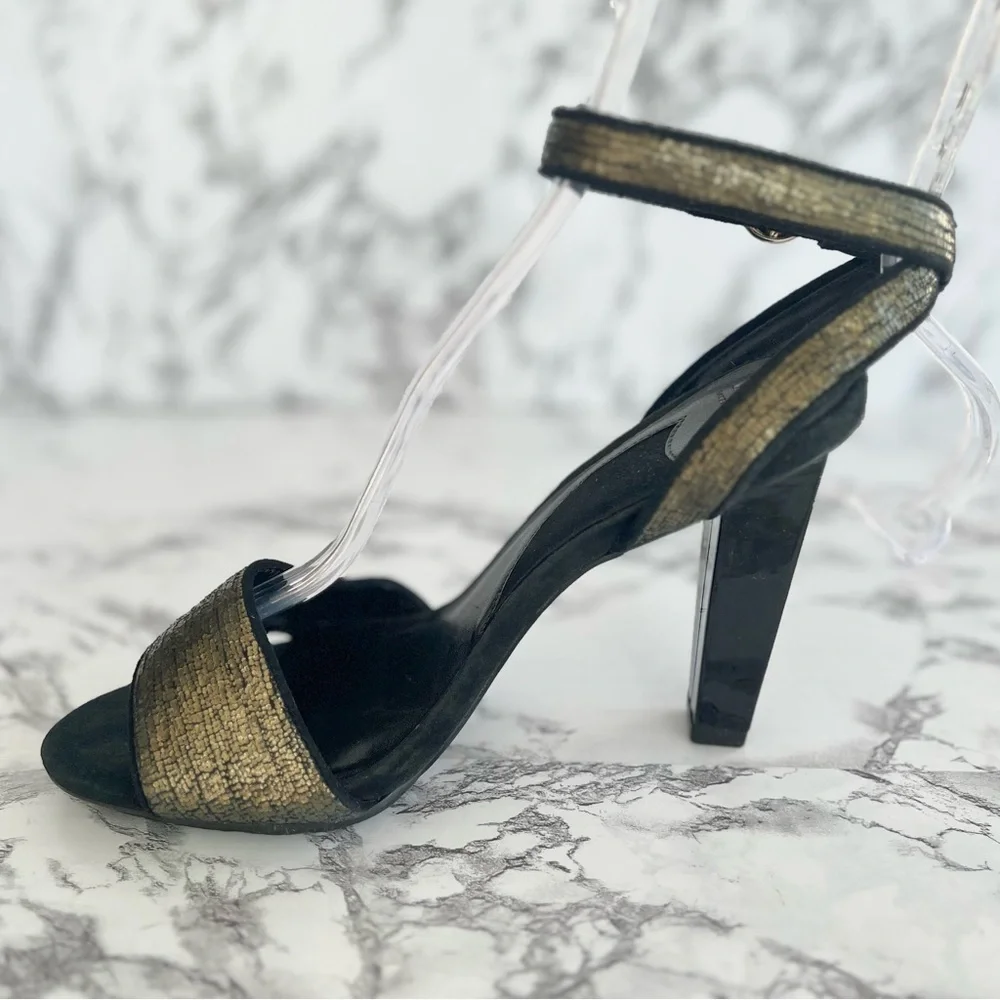 Diane Von Furstenberg Sandals Heeled Metallic Ankle Strap Olive Green 6.5